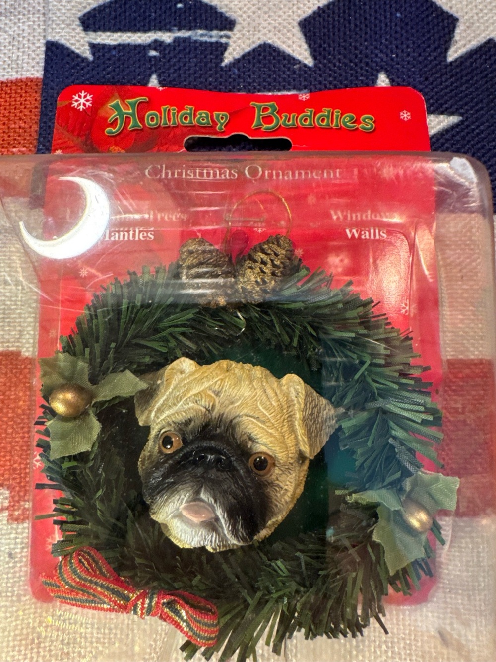 Pug Wreath Ornament - Green and Tan